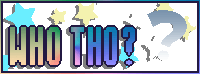 A pixel art button saying 'BUT WHO' with a question mark that leads to the about me page