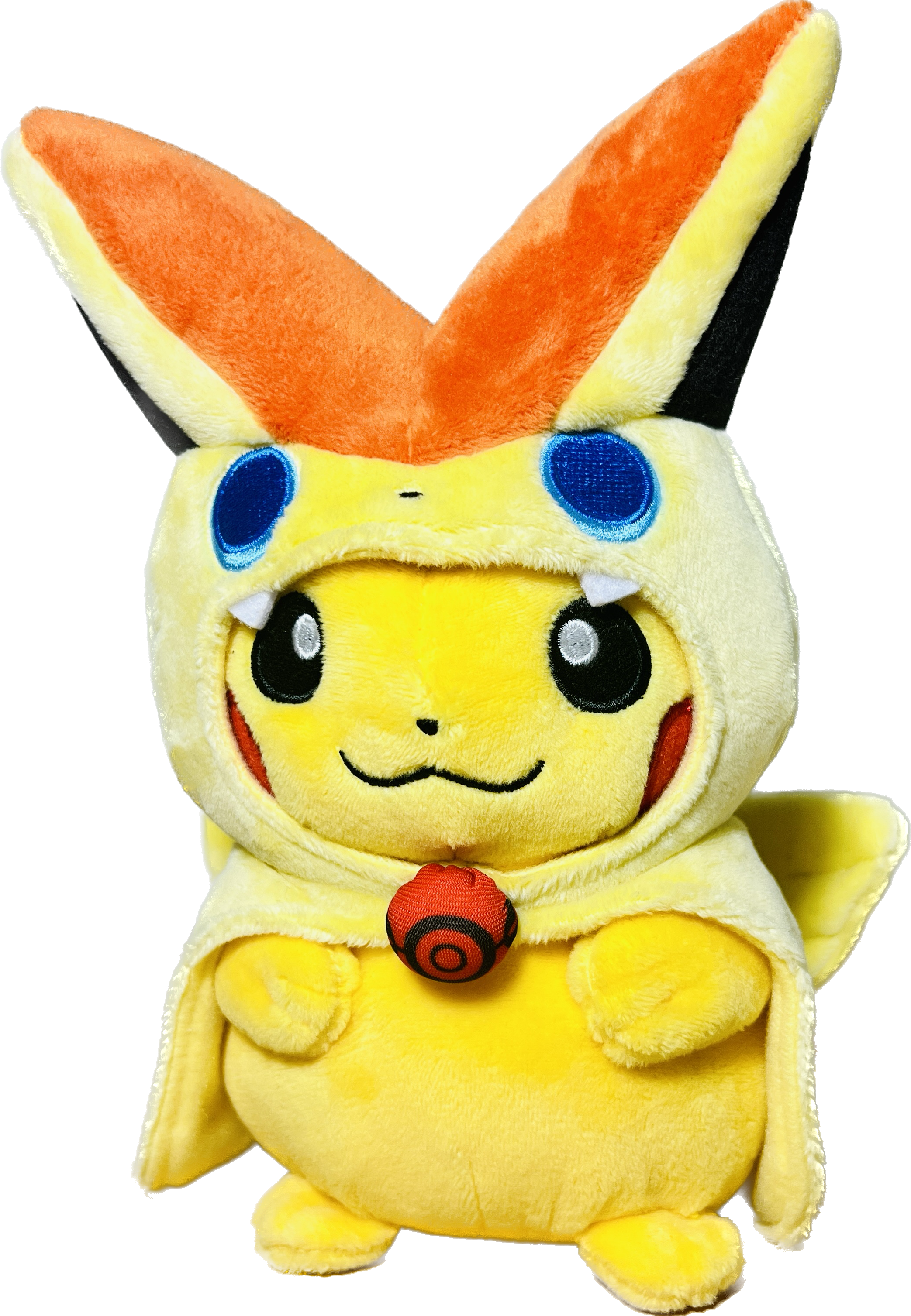 A plushie of Pikachu with a Victini hood from Pokemon!