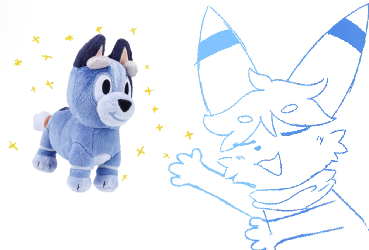 a doodle i did. shinto presenting a bluey plushie that they really want.